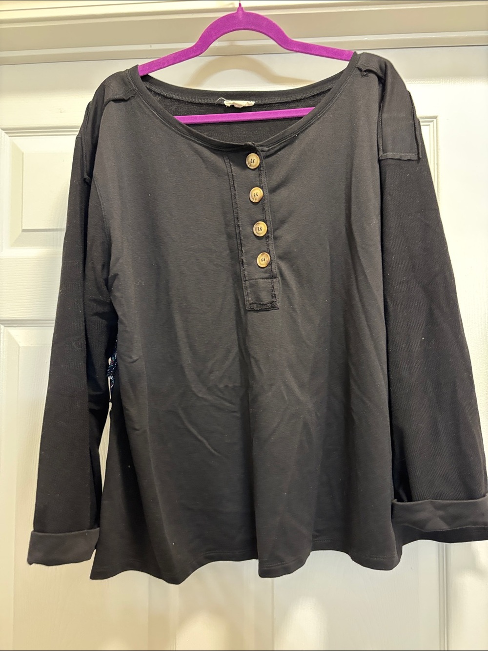 Women’s Black Floral Long-Sleeve Henley Top